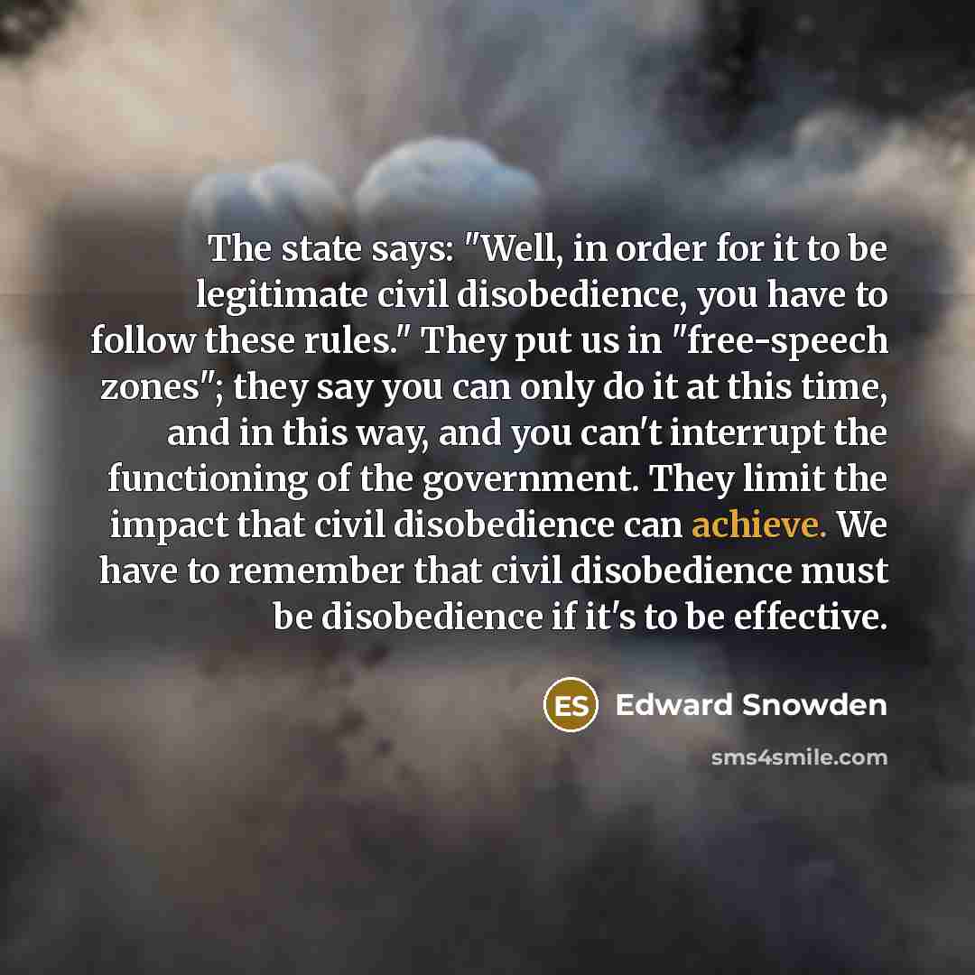 “The state says: "Well, in order for it to be legitimate civil disobedience, you have to follow these rules." They put us in "free-speech zones"; they say you can only do it at this time, and in this way, and you can't interrupt the functioning of the government. They limit the impact that civil…” quote by Edward Snowden