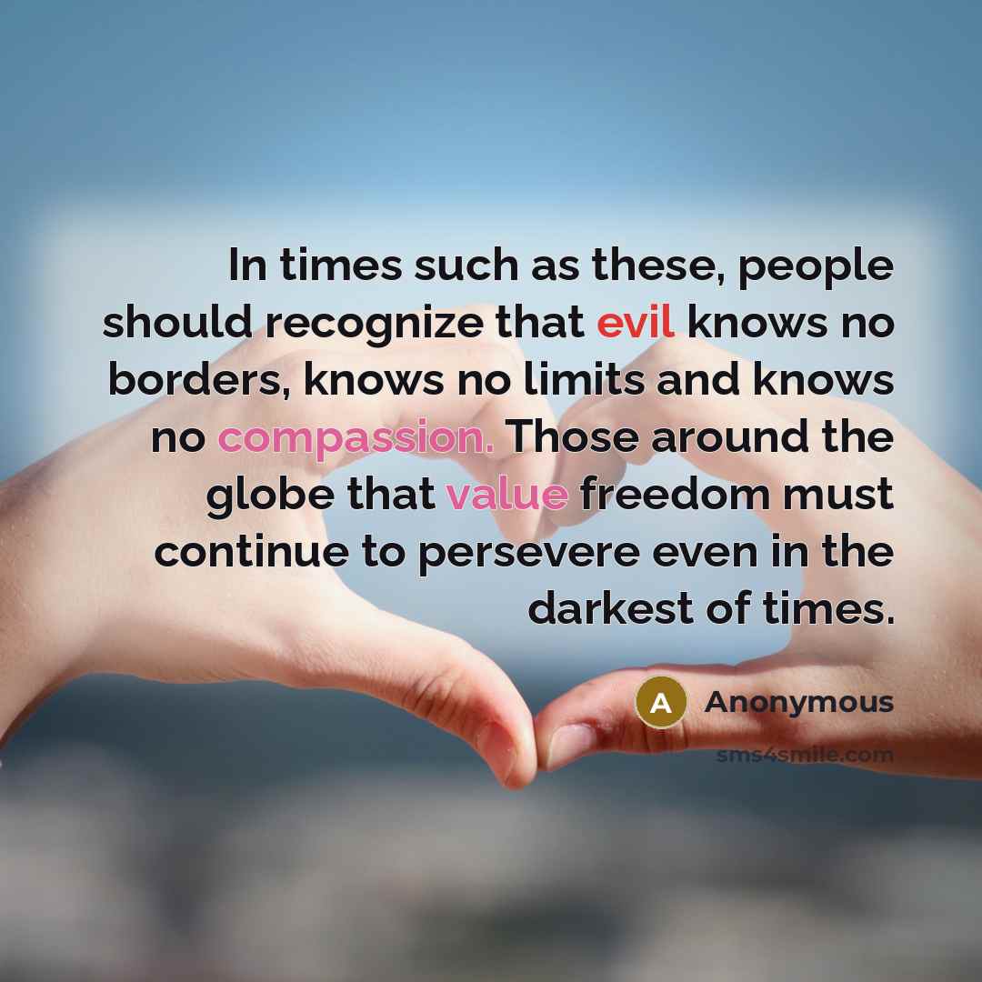 “In times such as these, people should recognize that evil knows no borders, knows no limits and knows no compassion. Those around the globe that value freedom must continue to persevere even in the darkest of times.” quote by Anonymous