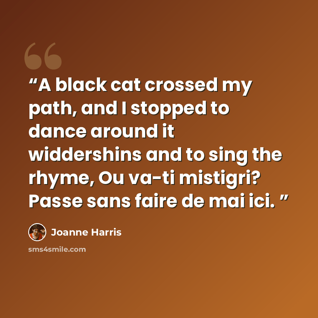 “A black cat crossed my path, and I stopped to dance around it widdershins and to sing the rhyme, Ou va-ti mistigri? Passe sans faire de mai ici.” quote by Joanne Harris