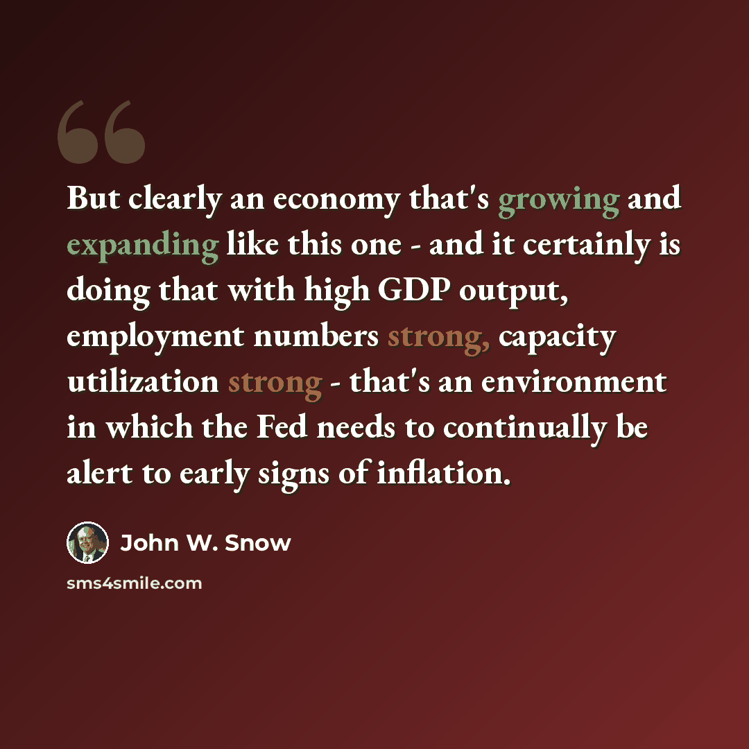 “But clearly an economy that's growing and expanding like this one - and it certainly is doing that with high GDP output, employment numbers strong, capacity utilization strong - that's an environment in which the Fed needs to continually be alert to early signs of inflation.” quote by John W. Snow
