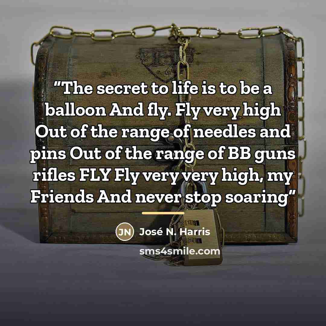 “The secret to life is to be a balloon And fly. Fly very high Out of the range of needles and pins Out of the range of BB guns rifles FLY Fly very very high, my Friends And never stop soaring” quote by José N. Harris
