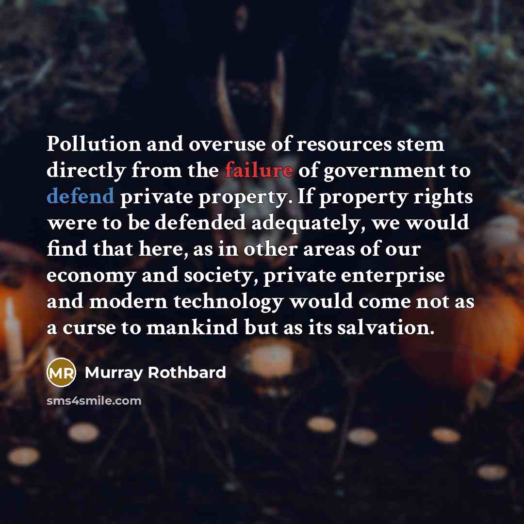 “Pollution and overuse of resources stem directly from the failure of government to defend private property. If property rights were to be defended adequately, we would find that here, as in other areas of our economy and society, private enterprise and modern technology would come not as a curse…” quote by Murray Rothbard