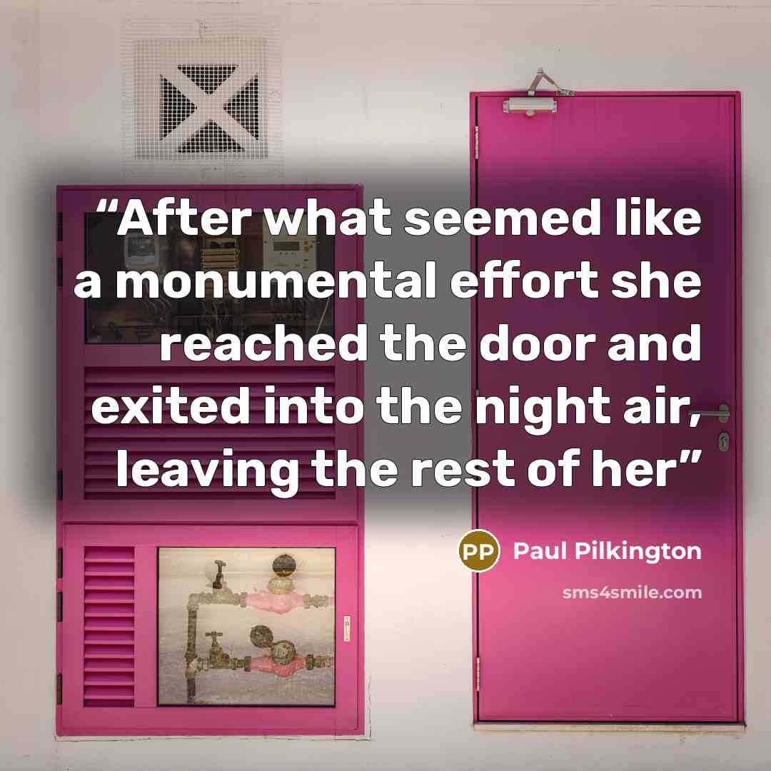 “After what seemed like a monumental effort she reached the door and exited into the night air, leaving the rest of her” quote by Paul Pilkington