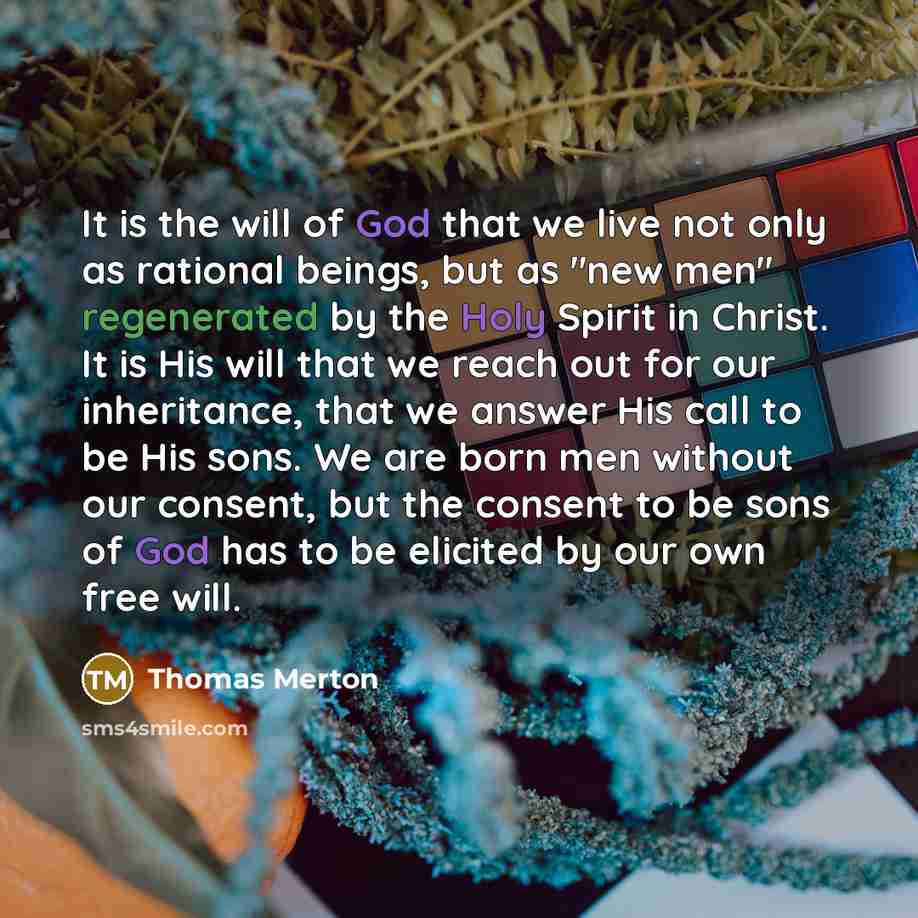 “It is the will of God that we live not only as rational beings, but as "new men" regenerated by the Holy Spirit in Christ. It is His will that we reach out for our inheritance, that we answer His call to be His sons. We are born men without our consent, but the consent to be sons of God has to be…” quote by Thomas Merton