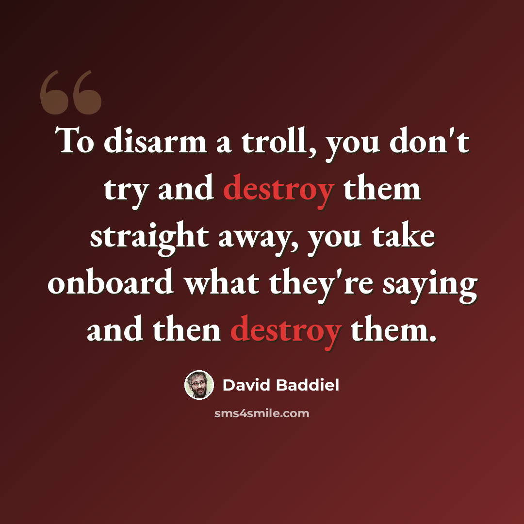 “To disarm a troll, you don't try and destroy them straight away, you take onboard what they're saying and then destroy them.” quote by David Baddiel