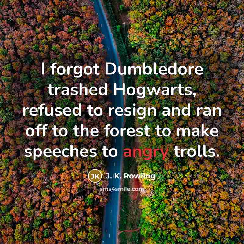 “I forgot Dumbledore trashed Hogwarts, refused to resign and ran off to the forest to make speeches to angry trolls.” quote by J. K. Rowling
