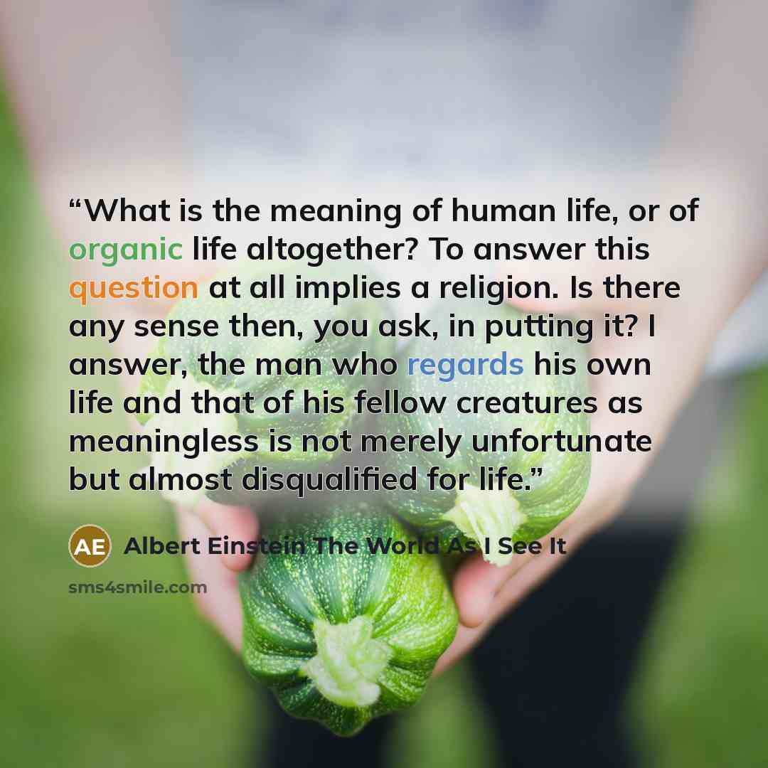 “What is the meaning of human life, or of organic life altogether? To answer this question at all implies a religion. Is there any sense then, you ask, in putting it? I answer, the man who regards his own life and that of his fellow creatures as meaningless is not merely unfortunate but almost…” quote by Albert Einstein The World As I See It