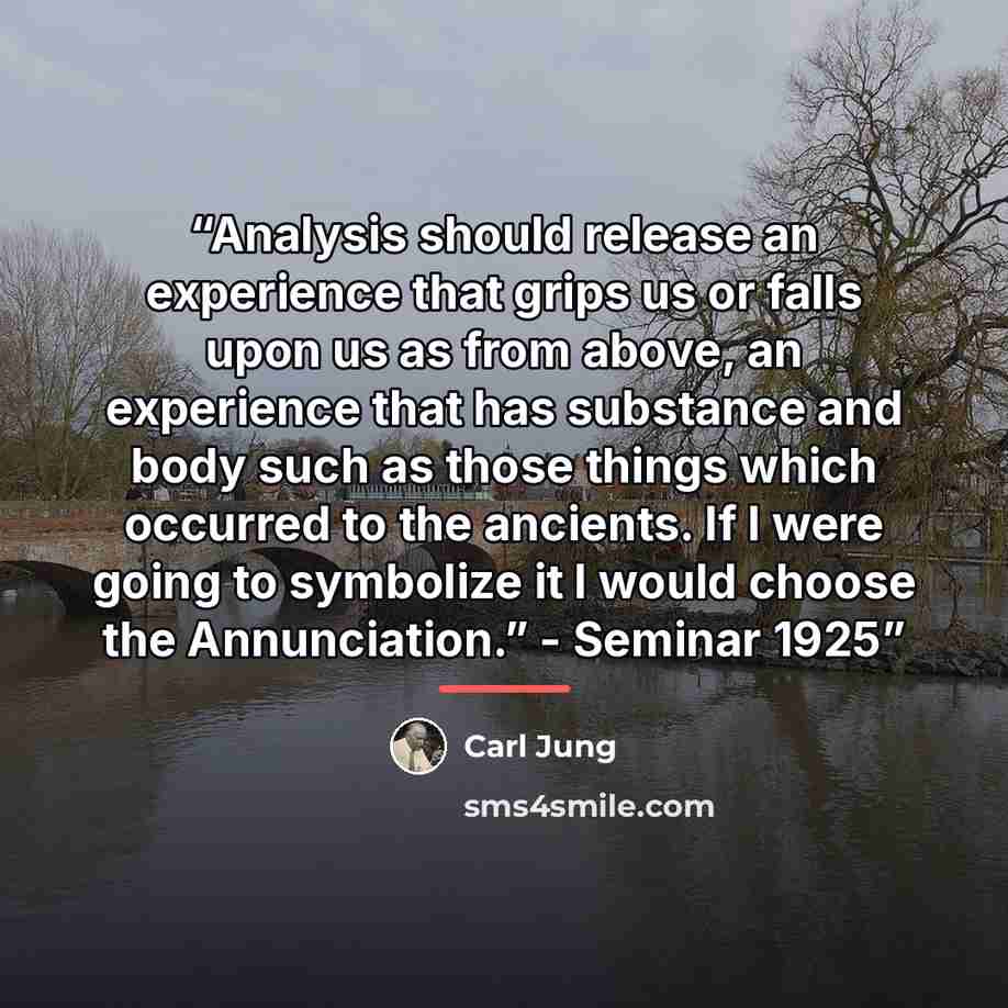“Analysis should release an experience that grips us or falls upon us as from above, an experience that has substance and body such as those things which occurred to the ancients. If I were going to symbolize it I would choose the Annunciation.” - Seminar 1925” quote by Carl Jung