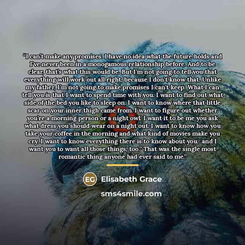 “I can’t make any promises. I have no idea what the future holds and I’ve never been in a monogamous relationship before. And to be clear, that’s what this would be. But I’m not going to tell you that everything will work out all right, because I don’t know that. Unlike my father, I’m not going to…” quote by Elisabeth Grace