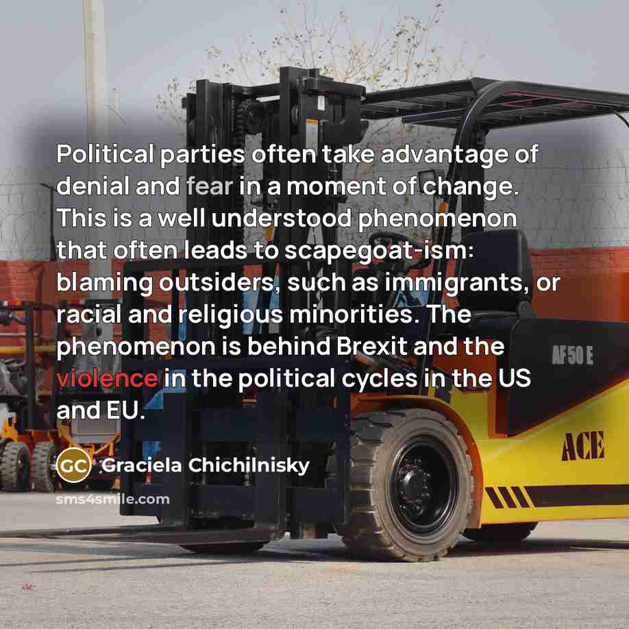 “Political parties often take advantage of denial and fear in a moment of change. This is a well understood phenomenon that often leads to scapegoat-ism: blaming outsiders, such as immigrants, or racial and religious minorities. The phenomenon is behind Brexit and the violence in the political…” quote by Graciela Chichilnisky