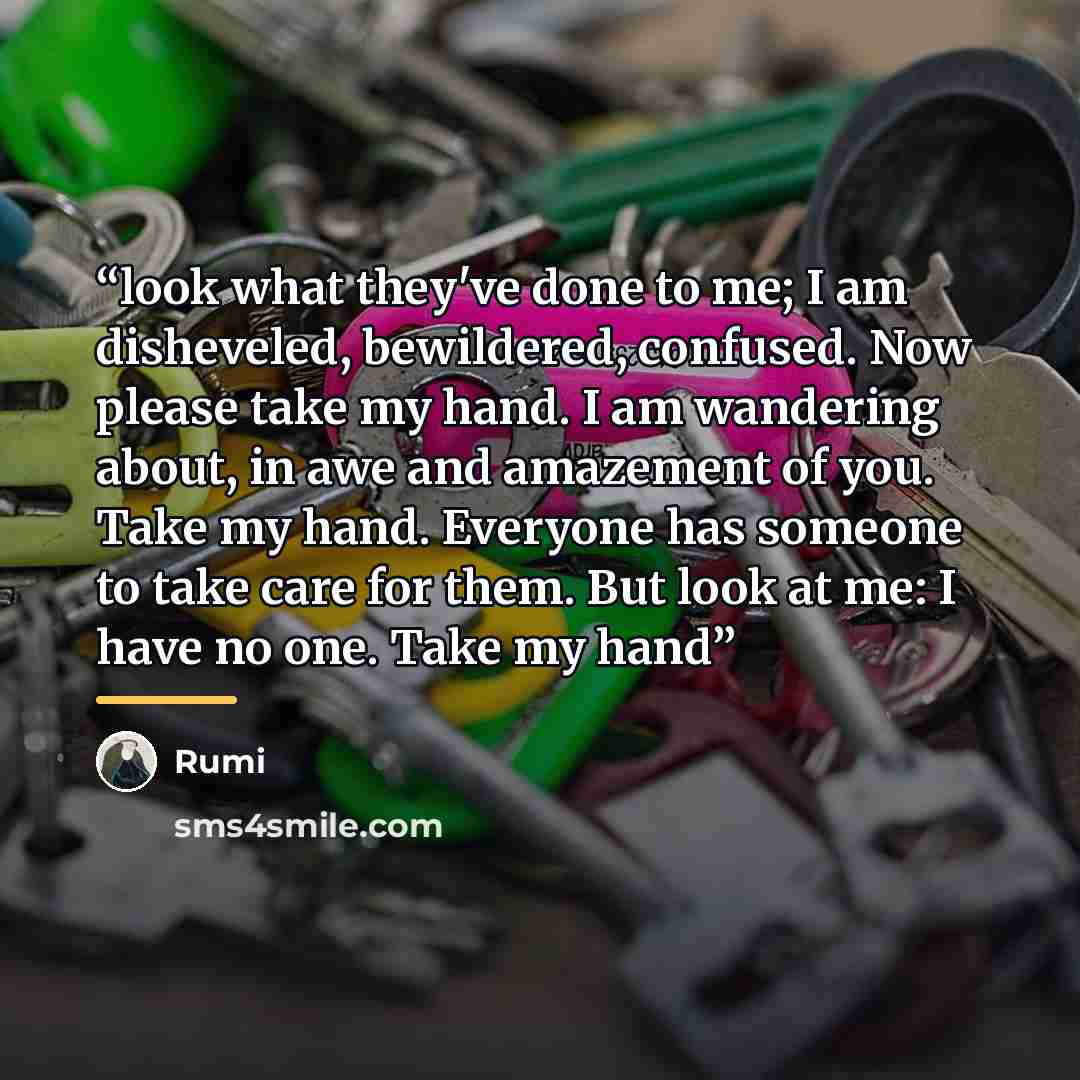 “look what they've done to me; I am disheveled, bewildered, confused. Now please take my hand. I am wandering about, in awe and amazement of you. Take my hand. Everyone has someone to take care for them. But look at me: I have no one. Take my hand” quote by Rumi