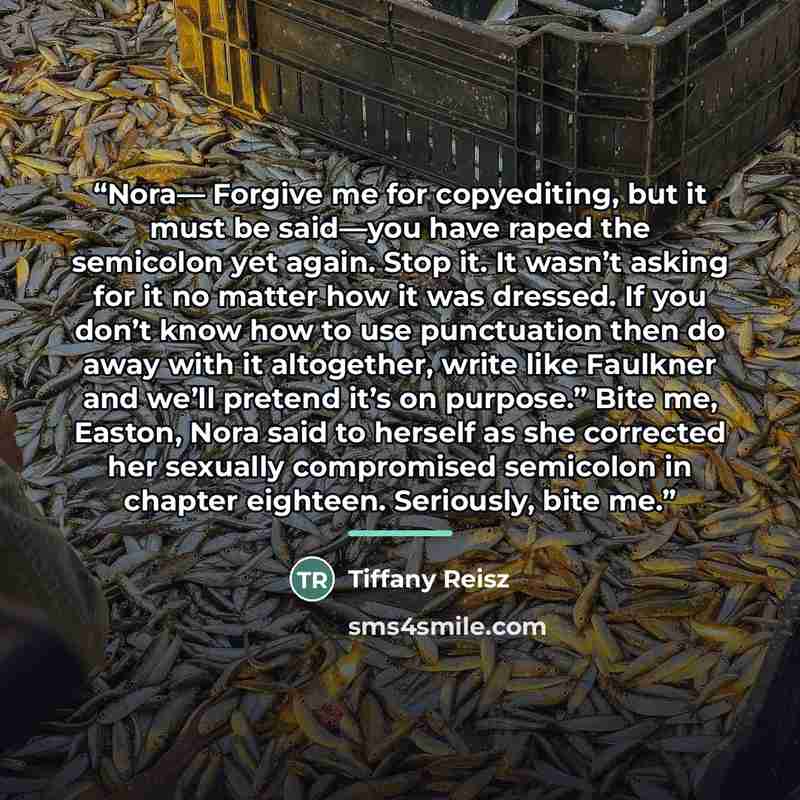 “Nora— Forgive me for copyediting, but it must be said—you have raped the semicolon yet again. Stop it. It wasn’t asking for it no matter how it was dressed. If you don’t know how to use punctuation then do away with it altogether, write like Faulkner and we’ll pretend it’s on purpose.” Bite me…” quote by Tiffany Reisz