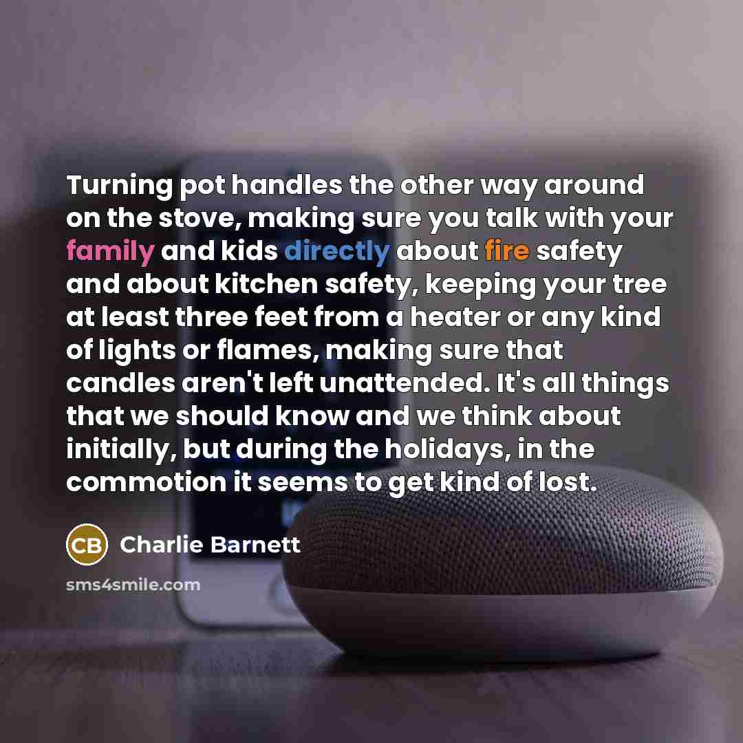 “Turning pot handles the other way around on the stove, making sure you talk with your family and kids directly about fire safety and about kitchen safety, keeping your tree at least three feet from a heater or any kind of lights or flames, making sure that candles aren't left unattended. It's all…” quote by Charlie Barnett