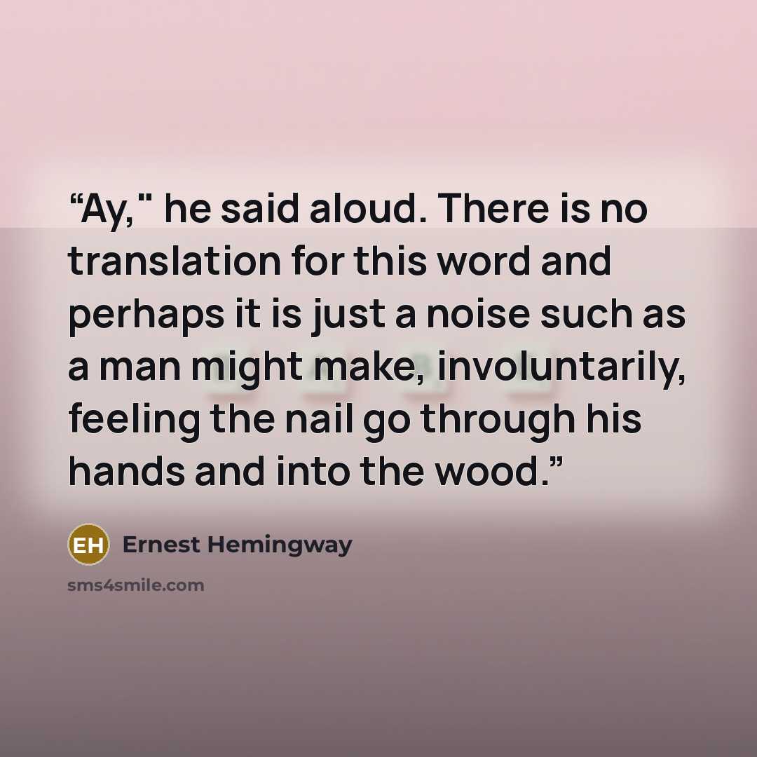 “Ay," he said aloud. There is no translation for this word and perhaps it is just a noise such as a man might make, involuntarily, feeling the nail go through his hands and into the wood.” quote by Ernest Hemingway