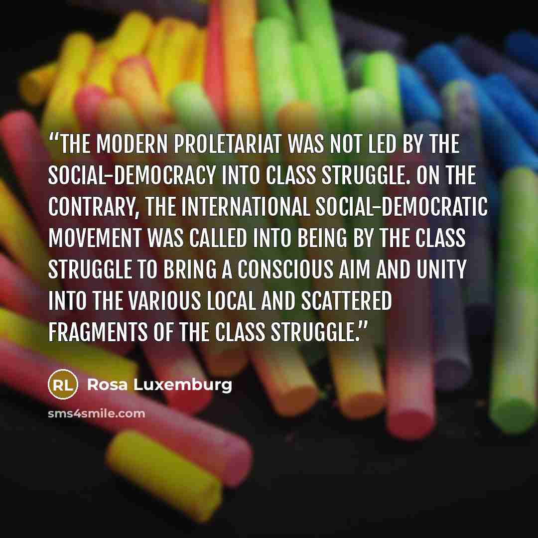 “The modern proletariat was not led by the social-democracy into class struggle. On the contrary, the international social-democratic movement was called into being by the class struggle to bring a conscious aim and unity into the various local and scattered fragments of the class struggle.” quote by Rosa Luxemburg