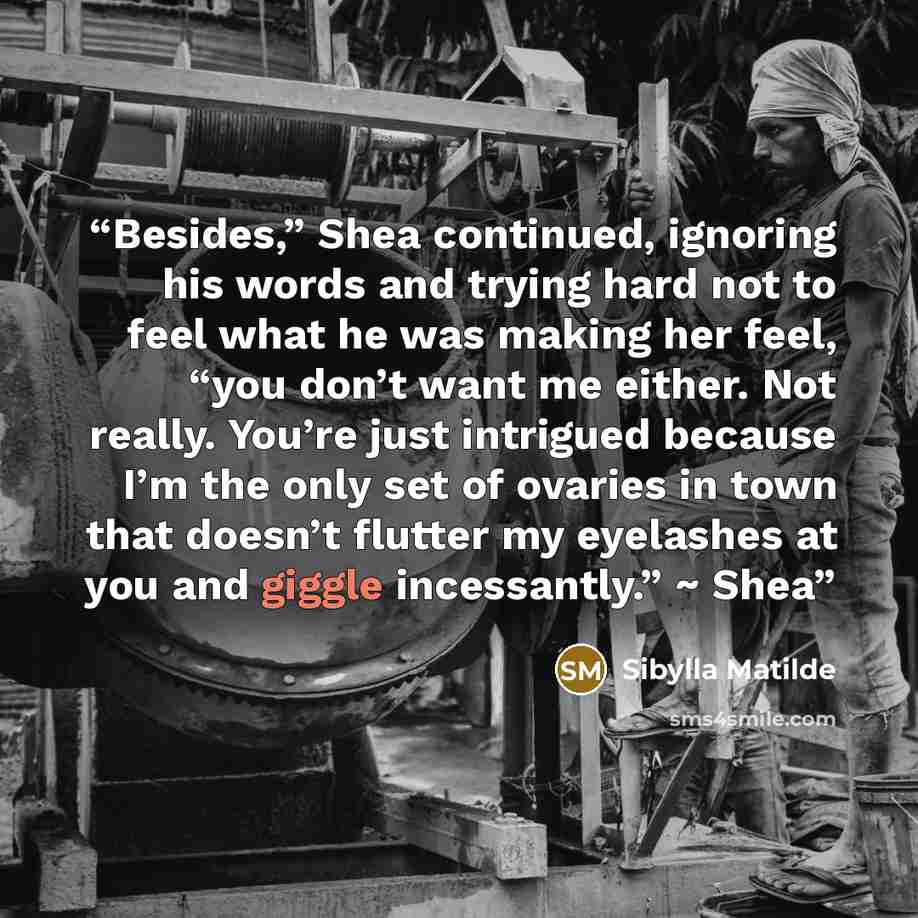 “Besides,” Shea continued, ignoring his words and trying hard not to feel what he was making her feel, “you don’t want me either. Not really. You’re just intrigued because I’m the only set of ovaries in town that doesn’t flutter my eyelashes at you and giggle incessantly.” ~ Shea” quote by Sibylla Matilde