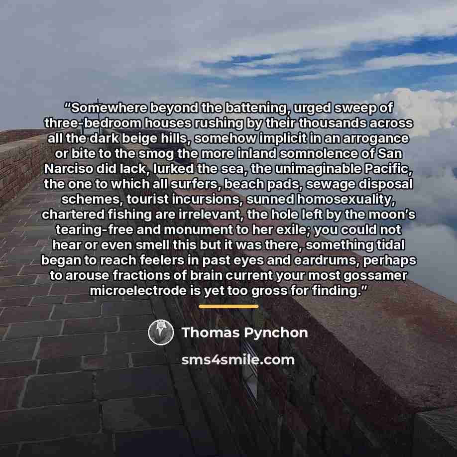 “Somewhere beyond the battening, urged sweep of three-bedroom houses rushing by their thousands across all the dark beige hills, somehow implicit in an arrogance or bite to the smog the more inland somnolence of San Narciso did lack, lurked the sea, the unimaginable Pacific, the one to which all…” quote by Thomas Pynchon