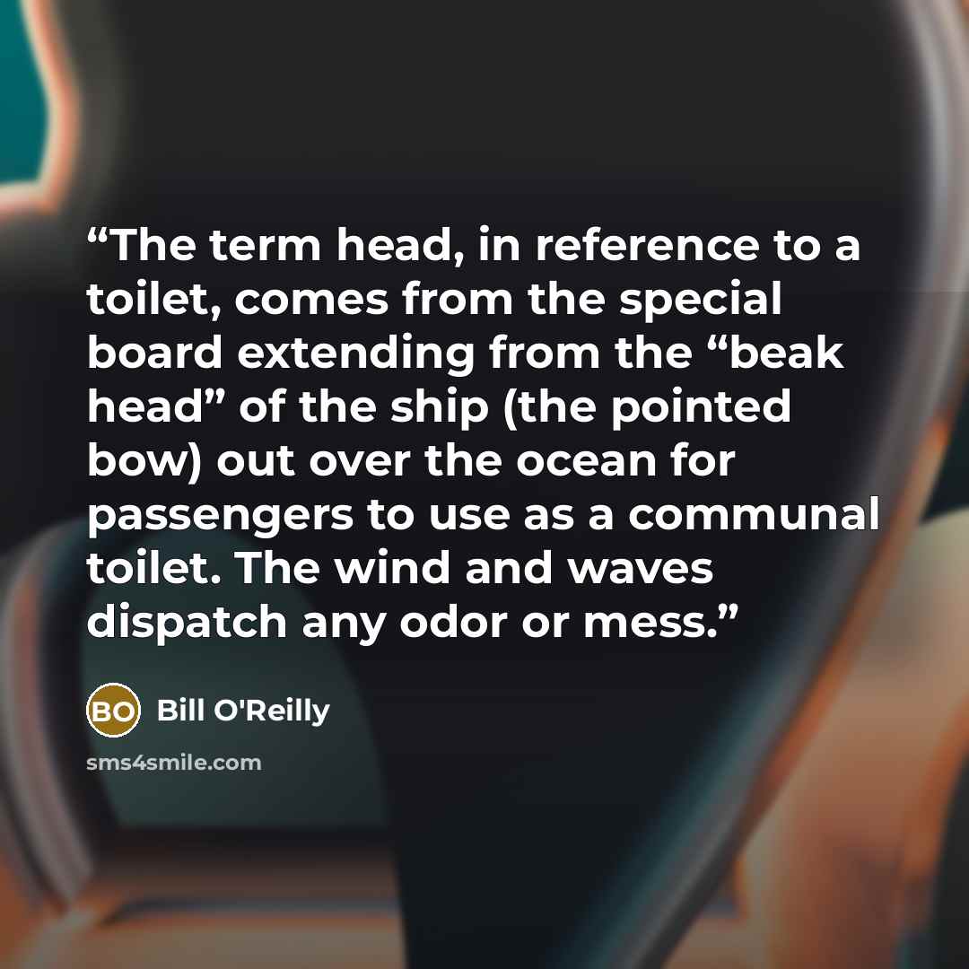 “The term head, in reference to a toilet, comes from the special board extending from the “beak head” of the ship (the pointed bow) out over the ocean for passengers to use as a communal toilet. The wind and waves dispatch any odor or mess.” quote by Bill O'Reilly
