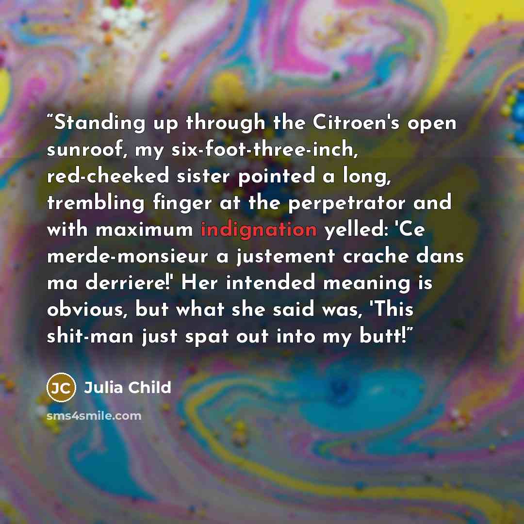 “Standing up through the Citroen's open sunroof, my six-foot-three-inch, red-cheeked sister pointed a long, trembling finger at the perpetrator and with maximum indignation yelled: 'Ce merde-monsieur a justement crache dans ma derriere!' Her intended meaning is obvious, but what she said was, 'This…” quote by Julia Child