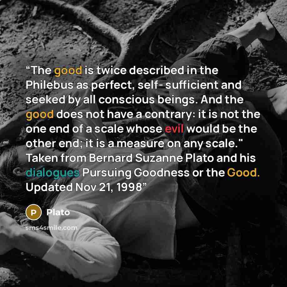 “The good is twice described in the Philebus as perfect, self- sufficient and seeked by all conscious beings. And the good does not have a contrary: it is not the one end of a scale whose evil would be the other end; it is a measure on any scale." Taken from Bernard Suzanne Plato and his dialogues…” quote by Plato