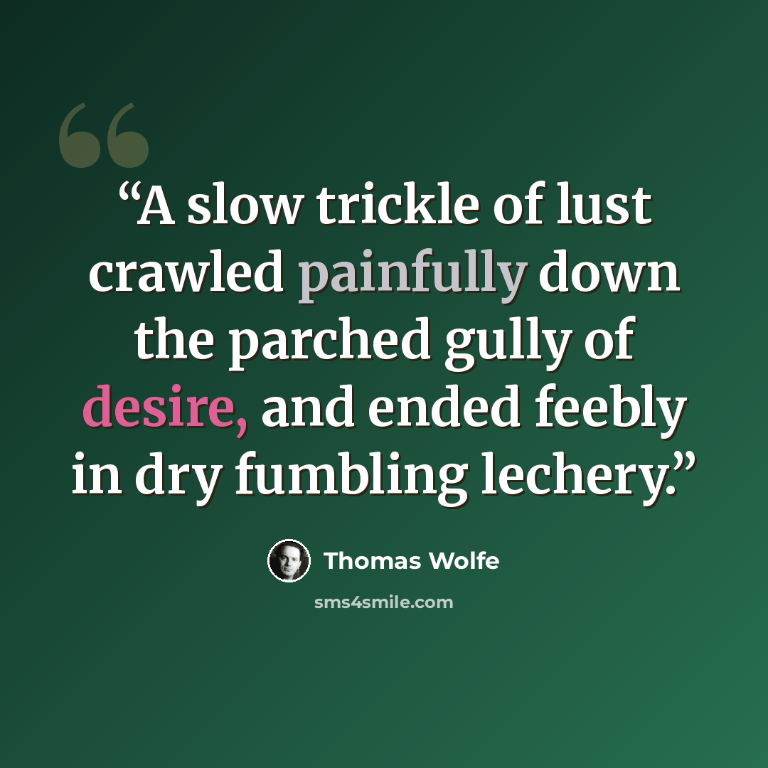 “A slow trickle of lust crawled painfully down the parched gully of desire, and ended feebly in dry fumbling lechery.” quote by Thomas Wolfe