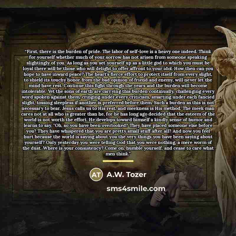 “First, there is the burden of pride. The labor of self-love is a heavy one indeed. Think for yourself whether much of your sorrow has not arisen from someone speaking slightingly of you. As long as you set yourself up as a little god to which you must be loyal there will be those who will delight…” quote by A.W. Tozer