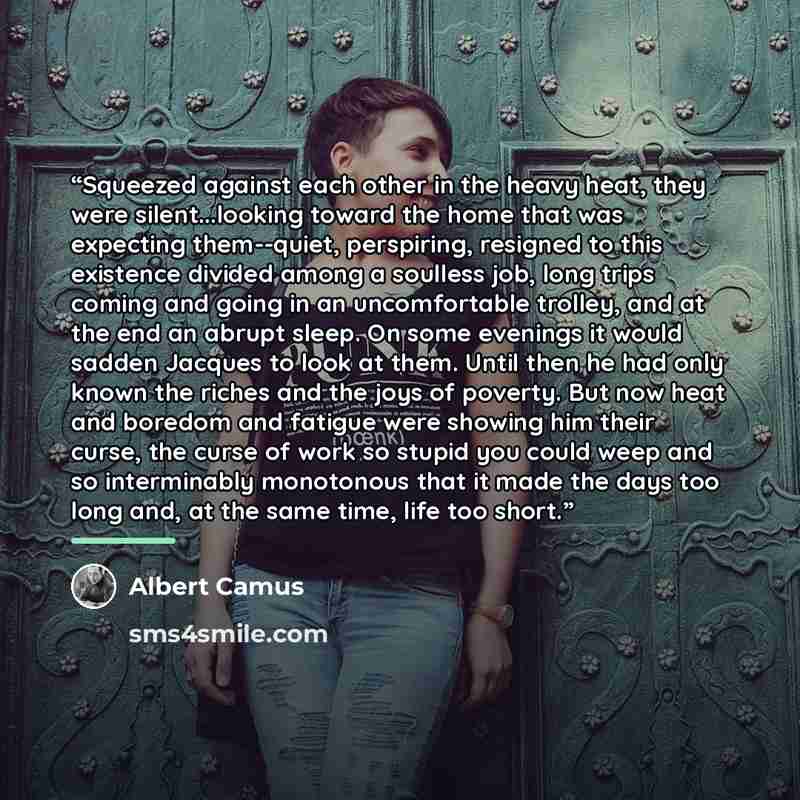 “Squeezed against each other in the heavy heat, they were silent...looking toward the home that was expecting them--quiet, perspiring, resigned to this existence divided among a soulless job, long trips coming and going in an uncomfortable trolley, and at the end an abrupt sleep. On some evenings…” quote by Albert Camus
