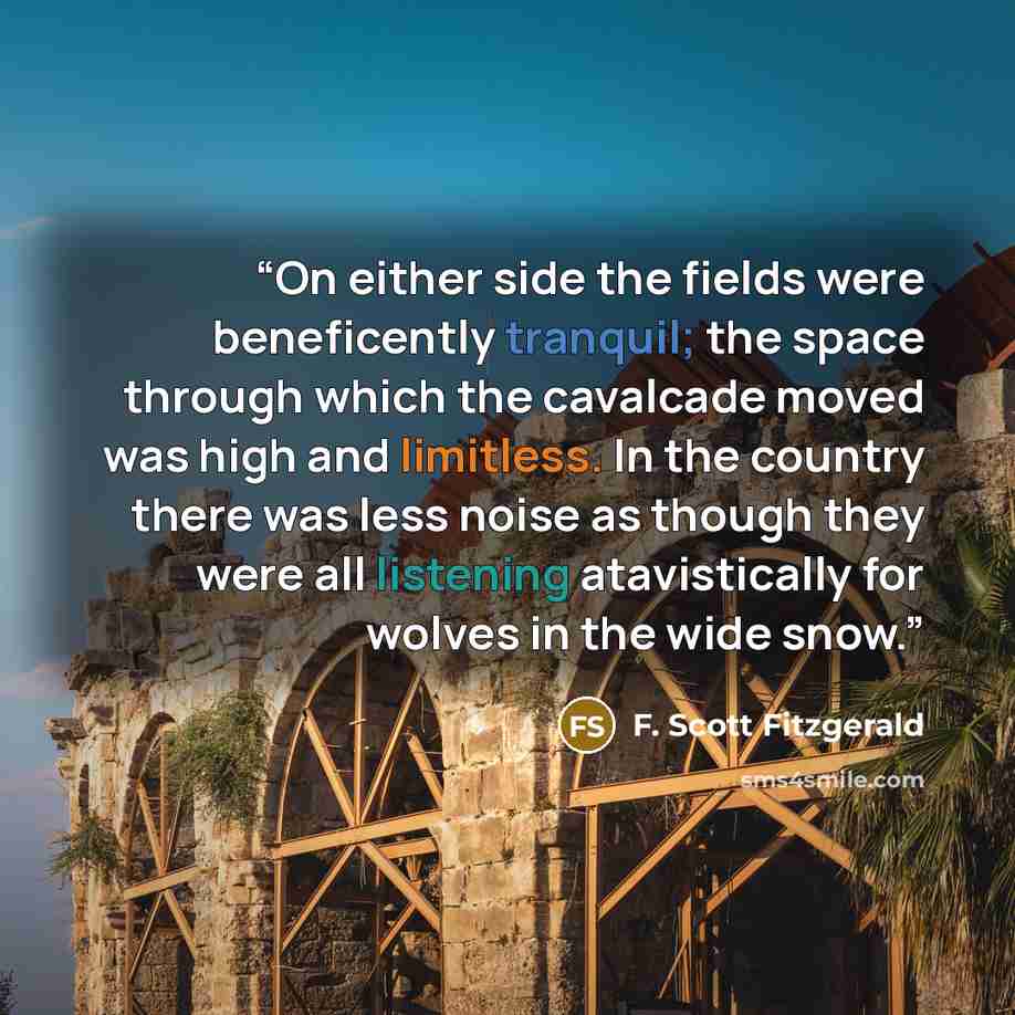 “On either side the fields were beneficently tranquil; the space through which the cavalcade moved was high and limitless. In the country there was less noise as though they were all listening atavistically for wolves in the wide snow.” quote by F. Scott Fitzgerald