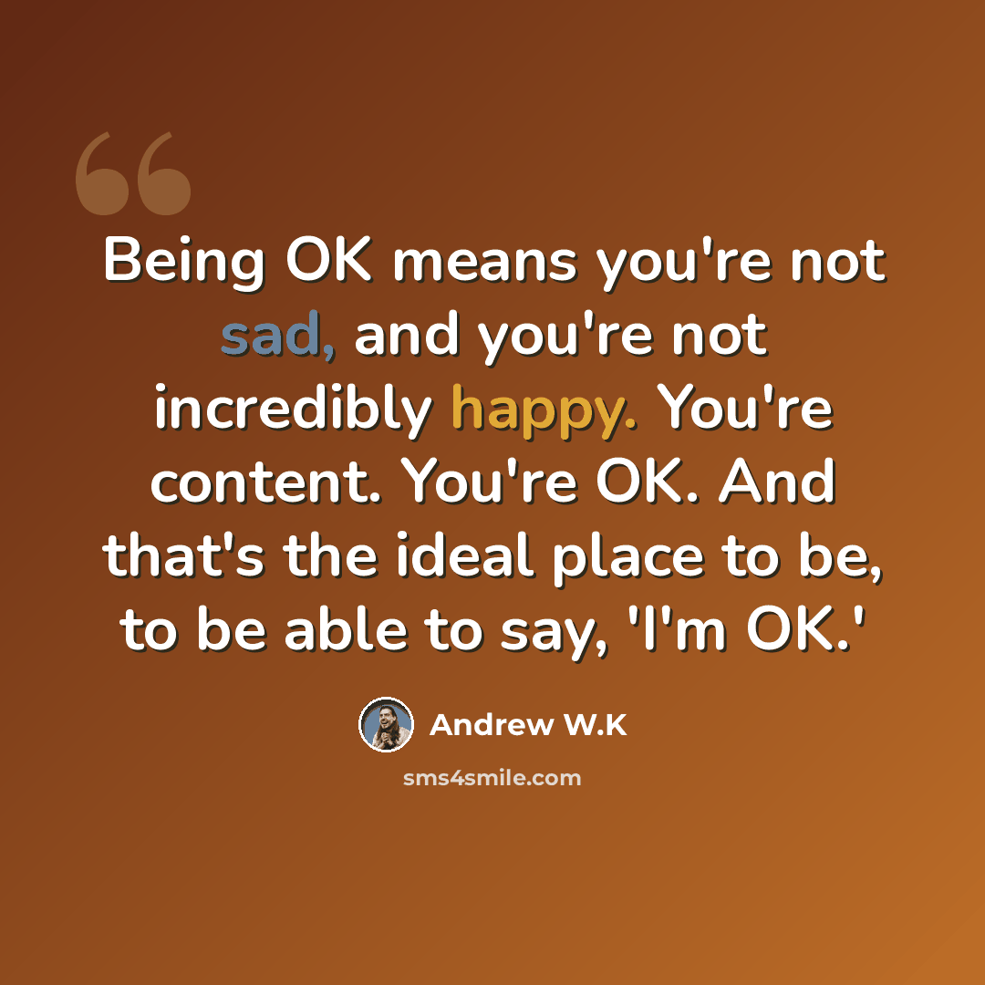 “Being OK means you're not sad, and you're not incredibly happy. You're content. You're OK. And that's the ideal place to be, to be able to say, 'I'm OK.'” quote by Andrew W.K