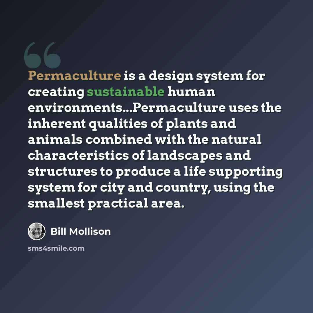 “Permaculture is a design system for creating sustainable human environments...Permaculture uses the inherent qualities of plants and animals combined with the natural characteristics of landscapes and structures to produce a life supporting system for city and country, using the smallest practical…” quote by Bill Mollison