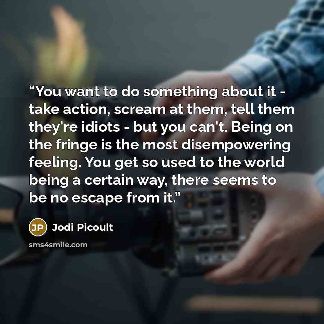 “You want to do something about it - take action, scream at them, tell them they're idiots - but you can't. Being on the fringe is the most disempowering feeling. You get so used to the world being a certain way, there seems to be no escape from it.” quote by Jodi Picoult