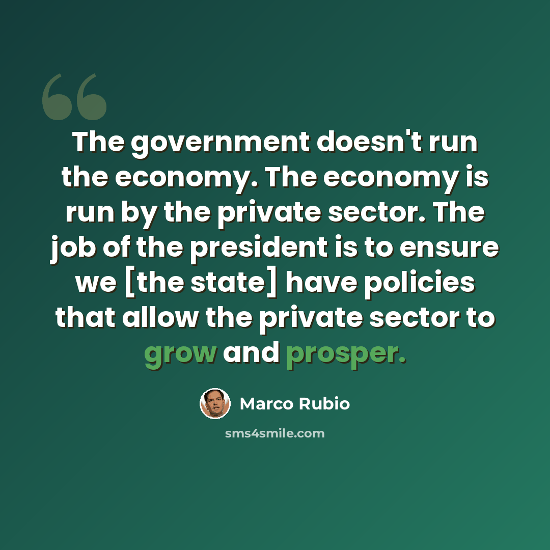 “The government doesn't run the economy. The economy is run by the private sector. The job of the president is to ensure we [the state] have policies that allow the private sector to grow and prosper.” quote by Marco Rubio