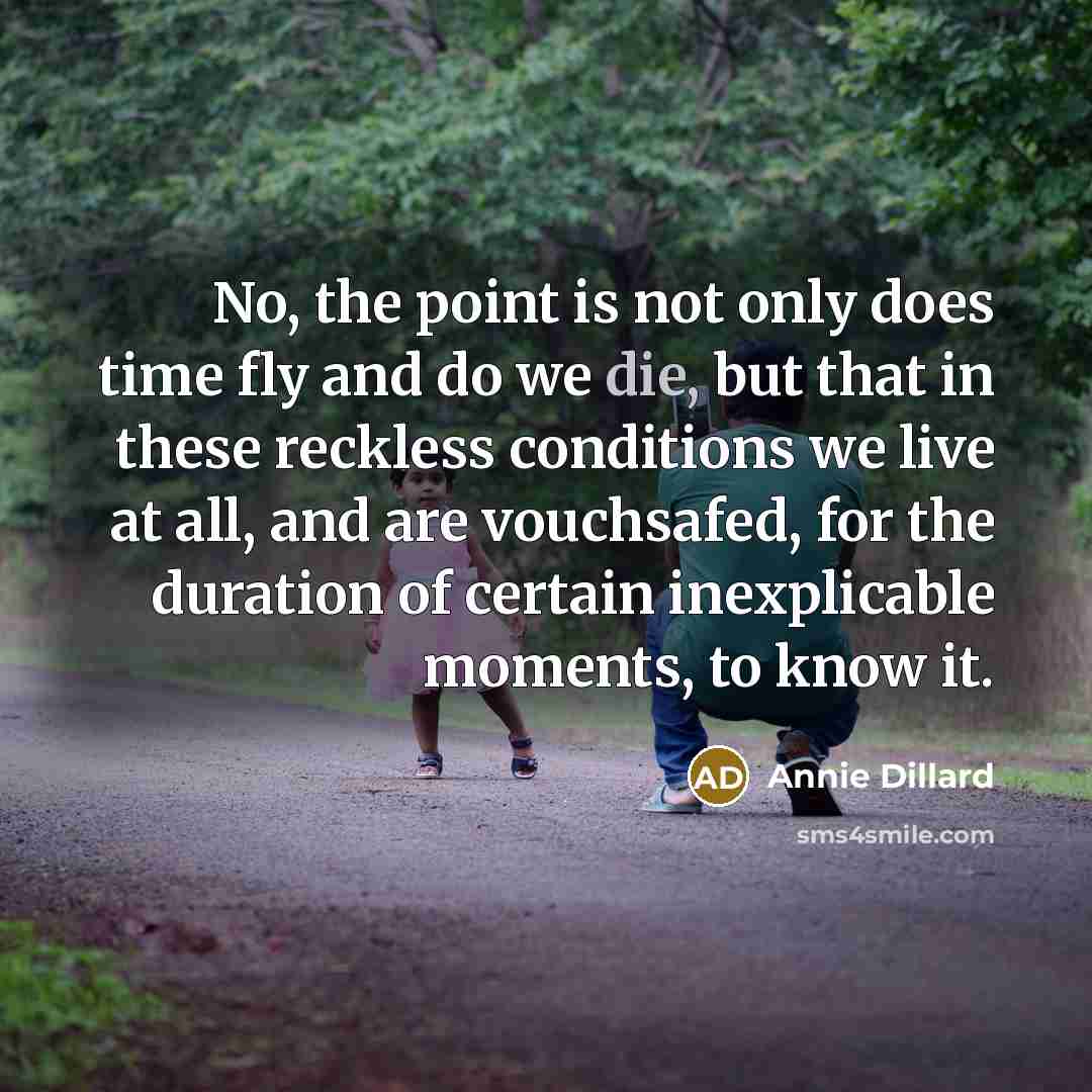 “No, the point is not only does time fly and do we die, but that in these reckless conditions we live at all, and are vouchsafed, for the duration of certain inexplicable moments, to know it.” quote by Annie Dillard