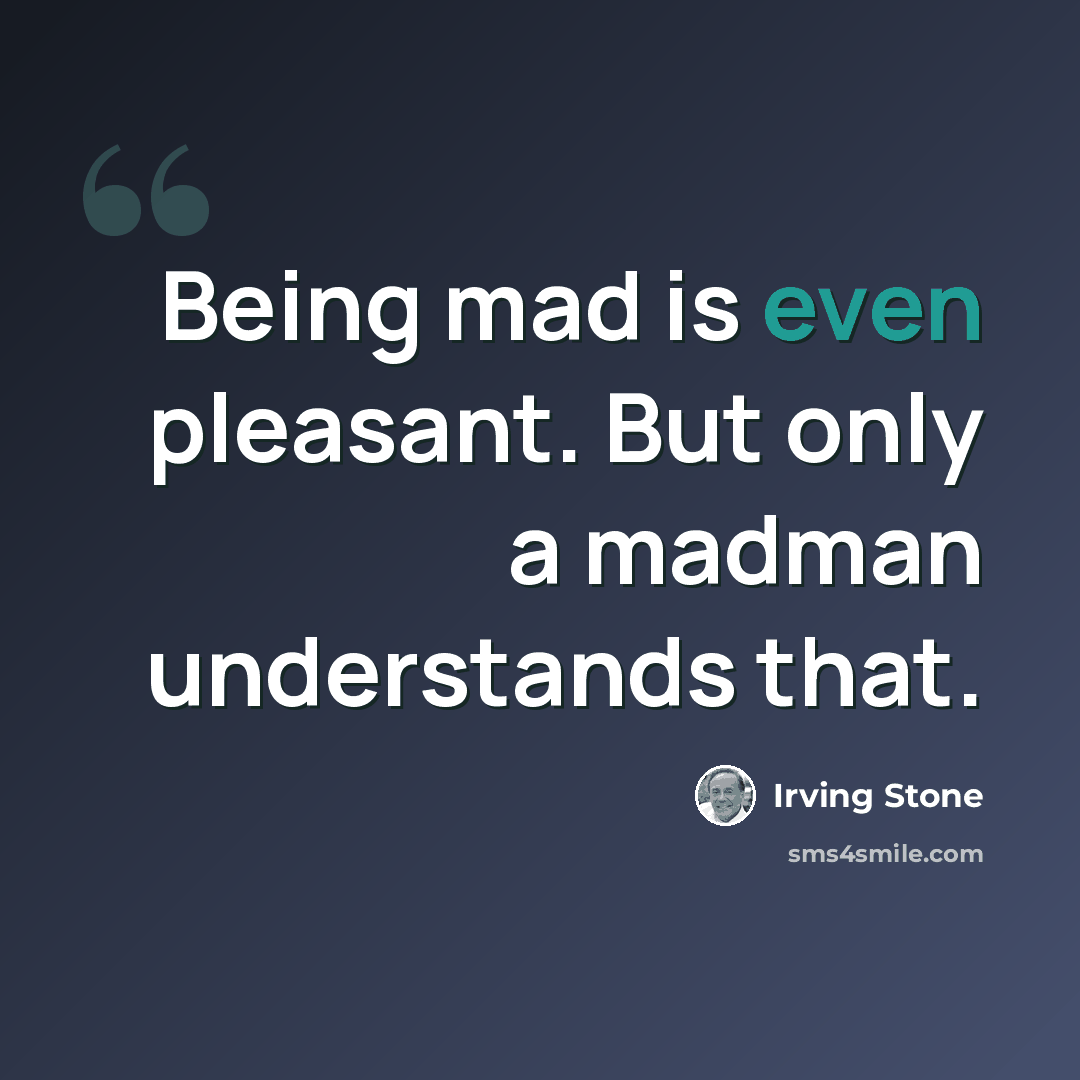 “Being mad is even pleasant. But only a madman understands that.” quote by Irving Stone