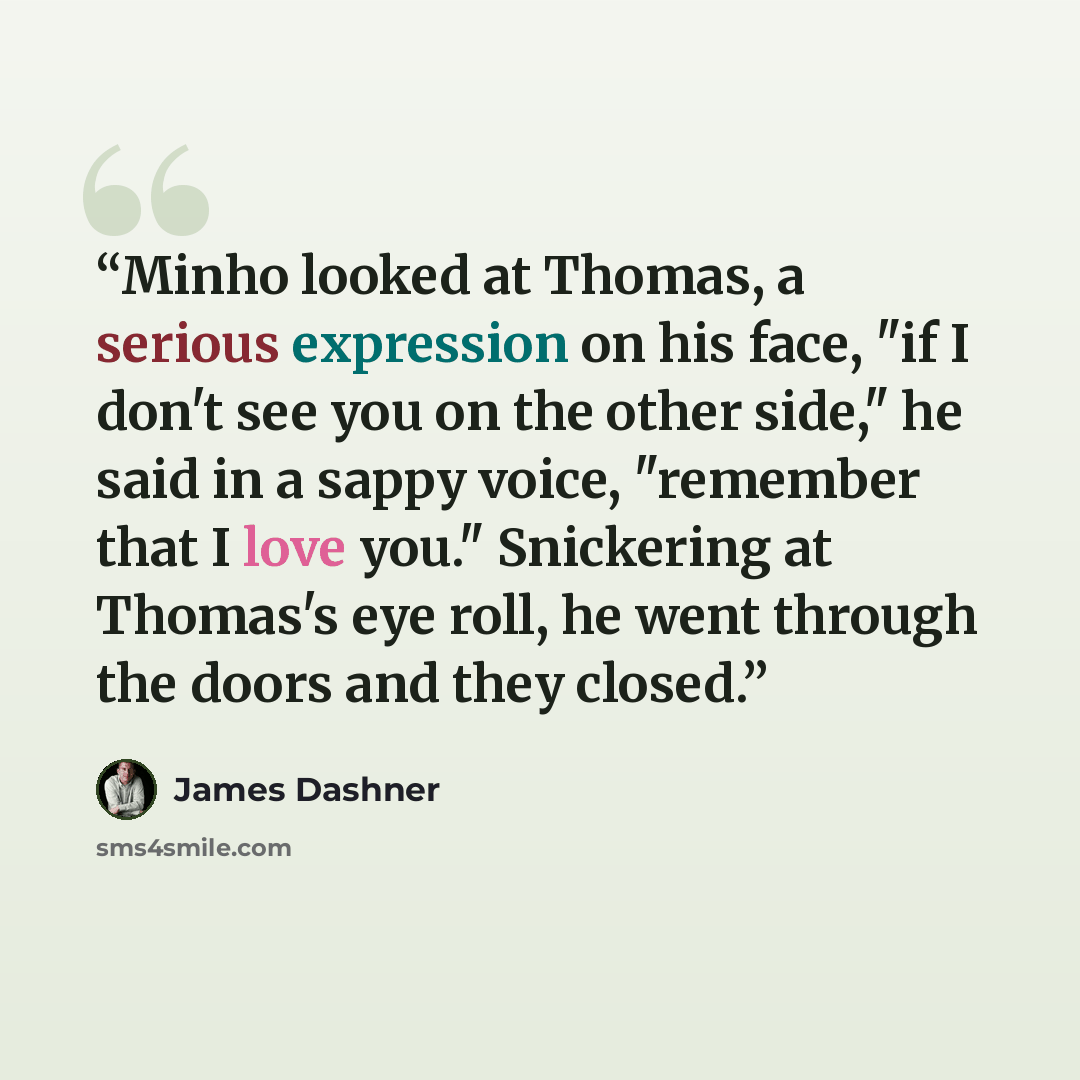 “Minho looked at Thomas, a serious expression on his face, "if I don't see you on the other side," he said in a sappy voice, "remember that I love you." Snickering at Thomas's eye roll, he went through the doors and they closed.” quote by James Dashner