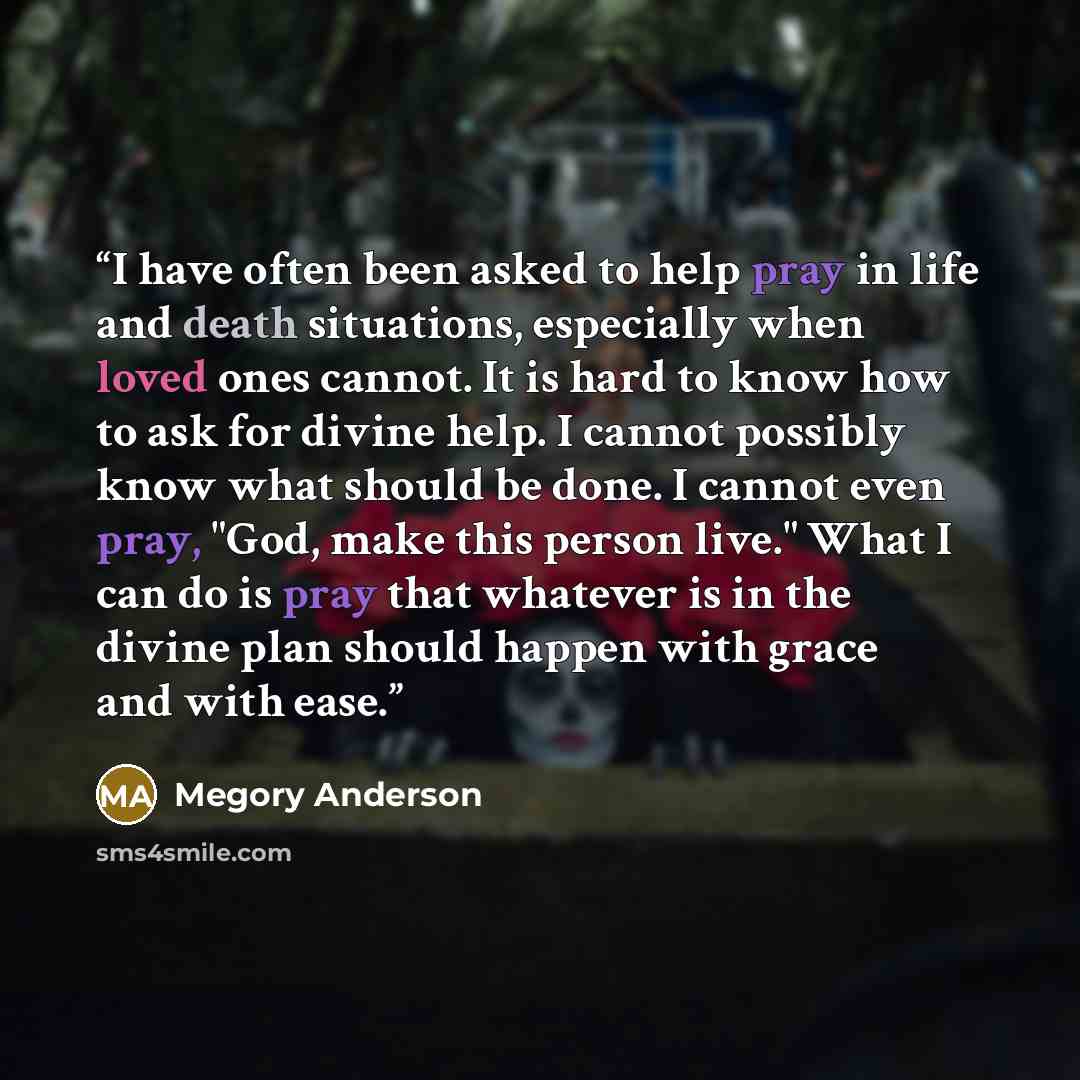 “I have often been asked to help pray in life and death situations, especially when loved ones cannot. It is hard to know how to ask for divine help. I cannot possibly know what should be done. I cannot even pray, "God, make this person live." What I can do is pray that whatever is in the divine…” quote by Megory Anderson