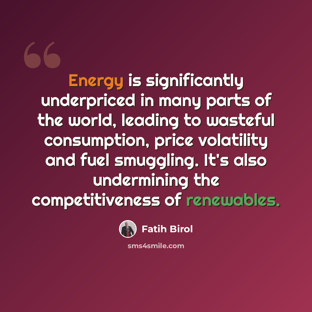 “Energy is significantly underpriced in many parts of the world, leading to wasteful consumption, price volatility and fuel smuggling. It's also undermining the competitiveness of renewables.” quote by Fatih Birol