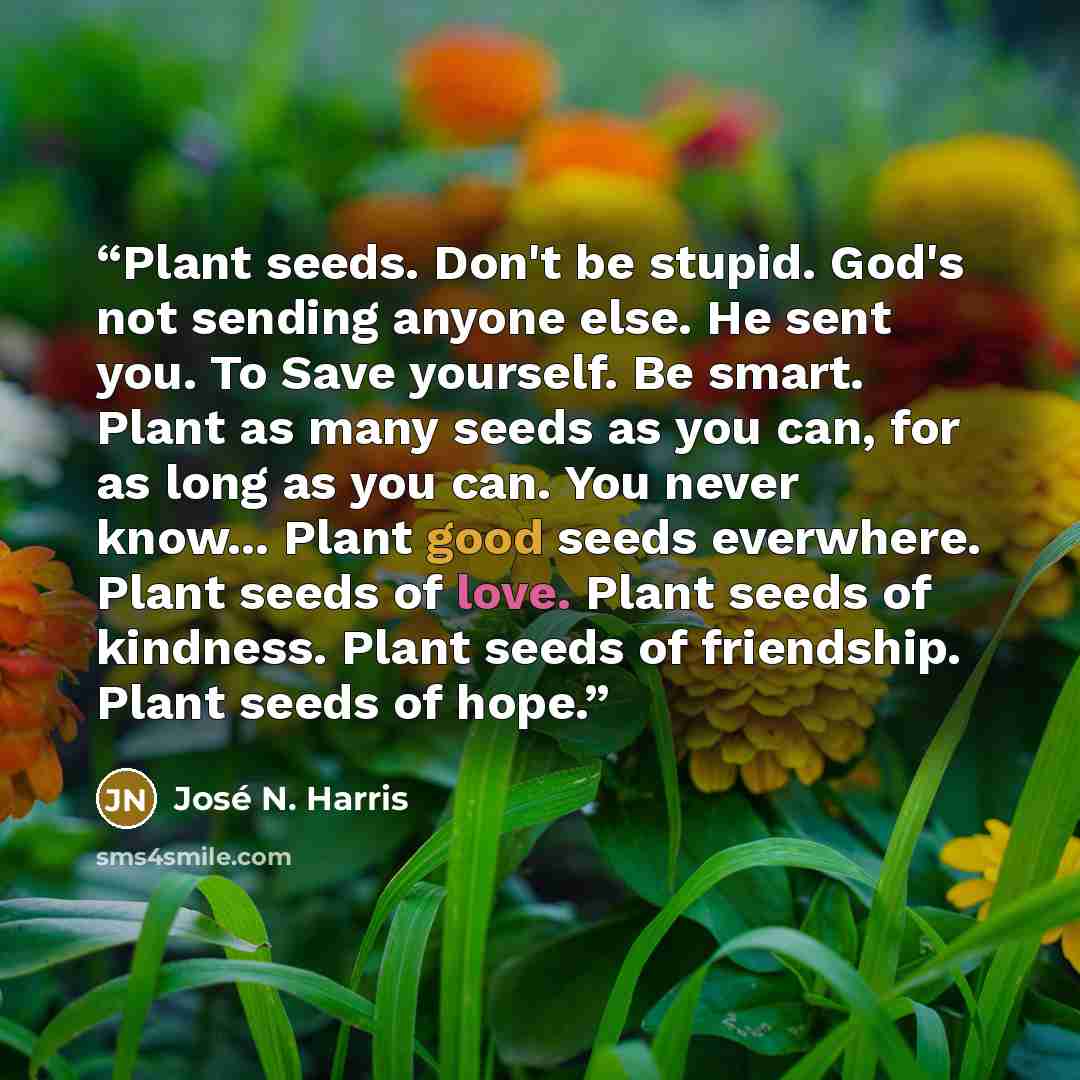 “Plant seeds. Don't be stupid. God's not sending anyone else. He sent you. To Save yourself. Be smart. Plant as many seeds as you can, for as long as you can. You never know... Plant good seeds everwhere. Plant seeds of love. Plant seeds of kindness. Plant seeds of friendship. Plant seeds of hope.” quote by José N. Harris