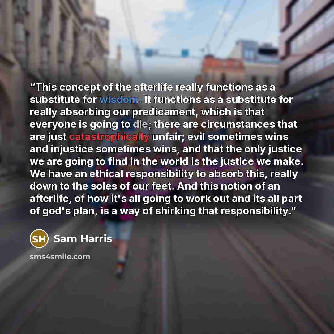 “This concept of the afterlife really functions as a substitute for wisdom. It functions as a substitute for really absorbing our predicament, which is that everyone is going to die; there are circumstances that are just catastrophically unfair; evil sometimes wins and injustice sometimes wins, and…” quote by Sam Harris
