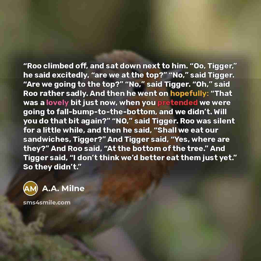 “Roo climbed off, and sat down next to him. “Oo, Tigger,” he said excitedly, “are we at the top?” “No,” said Tigger. “Are we going to the top?” “No,” said Tigger. “Oh,” said Roo rather sadly. And then he went on hopefully: “That was a lovely bit just now, when you pretended we were going to…” quote by A.A. Milne