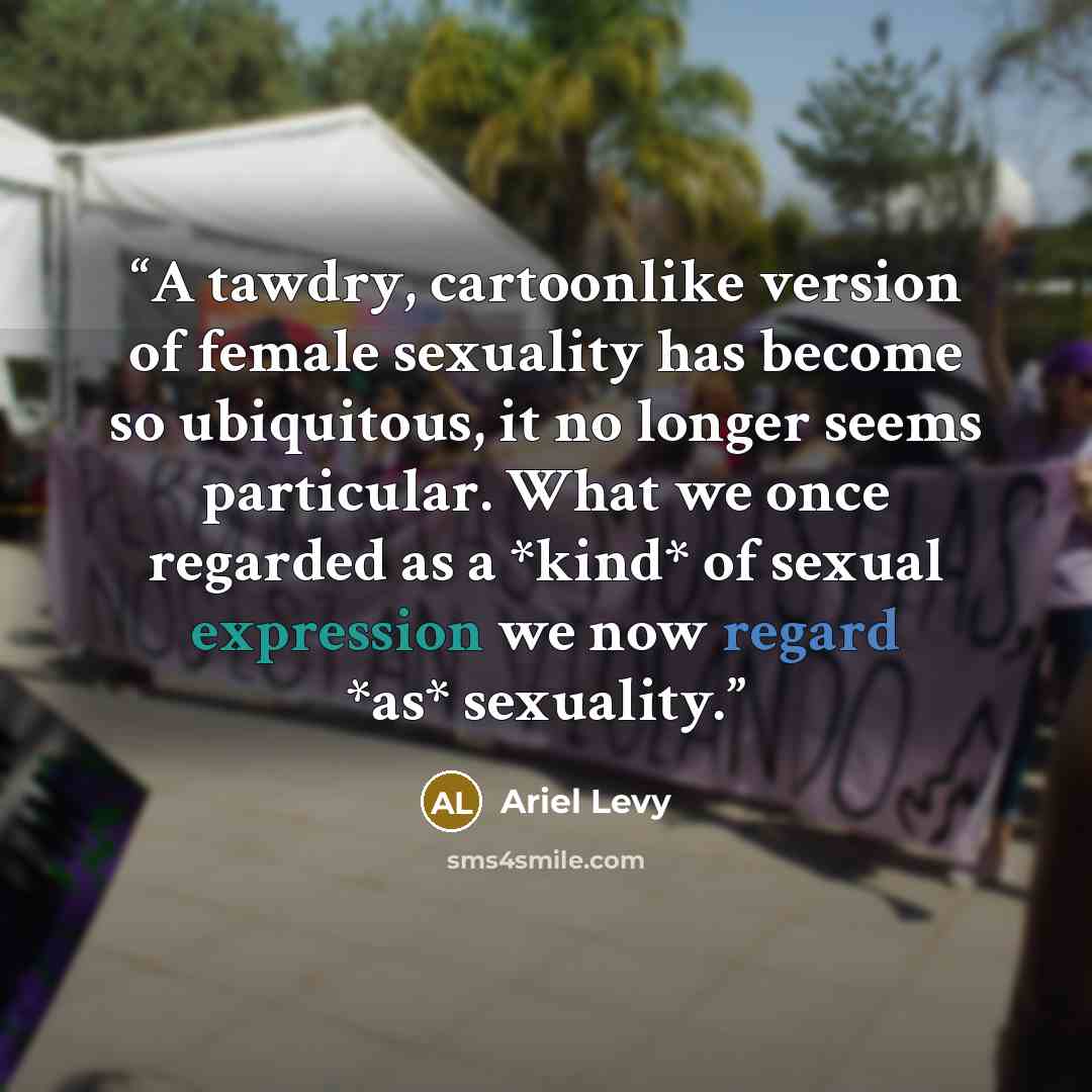 “A tawdry, cartoonlike version of female sexuality has become so ubiquitous, it no longer seems particular. What we once regarded as a *kind* of sexual expression we now regard *as* sexuality.” quote by Ariel Levy