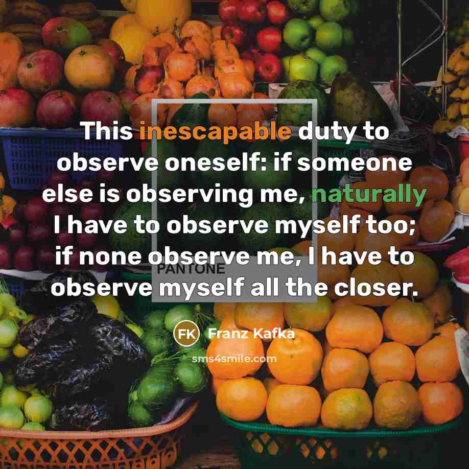 “This inescapable duty to observe oneself: if someone else is observing me, naturally I have to observe myself too; if none observe me, I have to observe myself all the closer.” quote by Franz Kafka