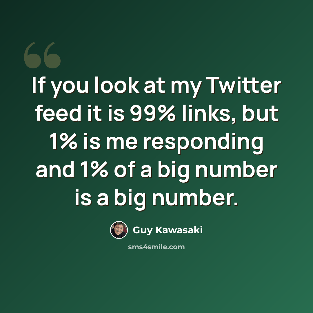 “If you look at my Twitter feed it is 99% links, but 1% is me responding and 1% of a big number is a big number.” quote by Guy Kawasaki