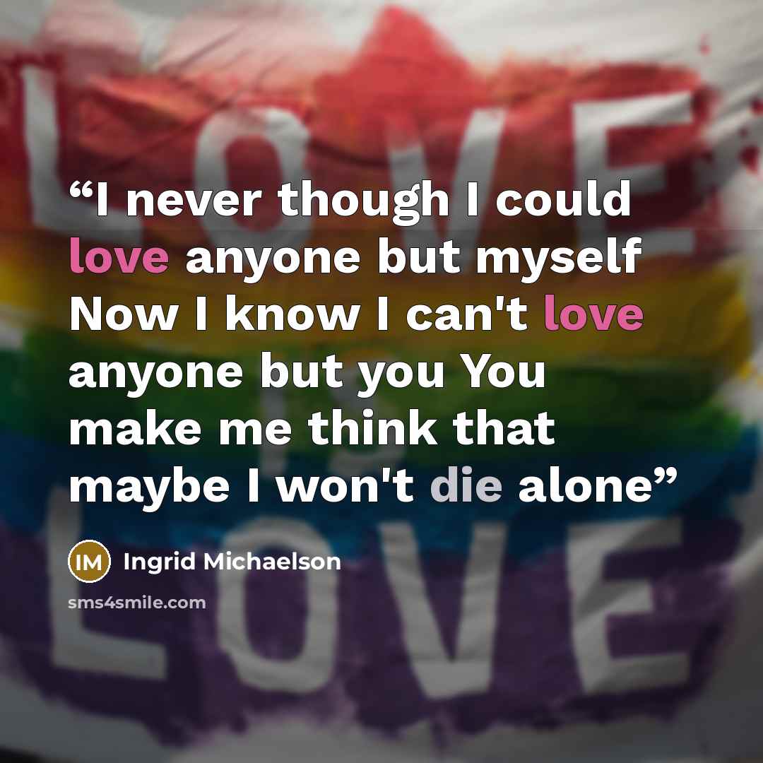 “I never though I could love anyone but myself Now I know I can't love anyone but you You make me think that maybe I won't die alone” quote by Ingrid Michaelson