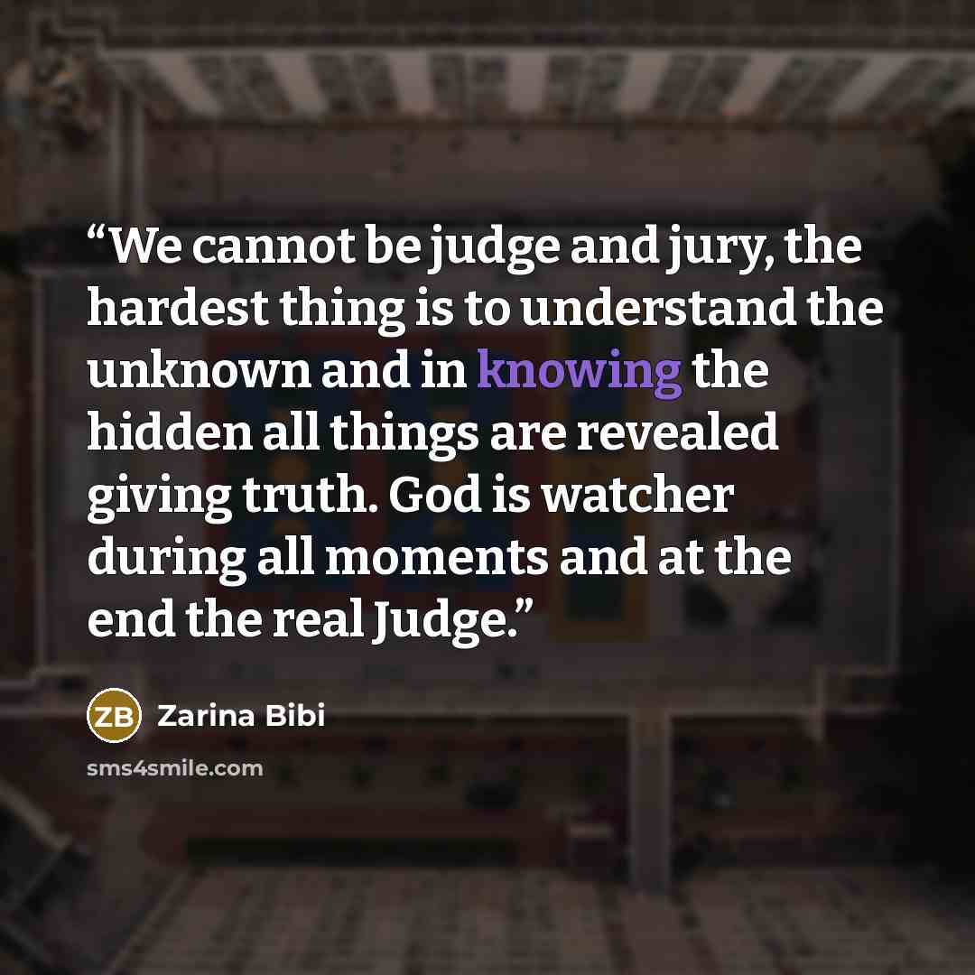 “We cannot be judge and jury, the hardest thing is to understand the unknown and in knowing the hidden all things are revealed giving truth. God is watcher during all moments and at the end the real Judge.” quote by Zarina Bibi