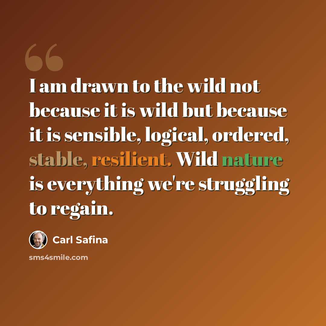 “I am drawn to the wild not because it is wild but because it is sensible, logical, ordered, stable, resilient. Wild nature is everything we're struggling to regain.” quote by Carl Safina