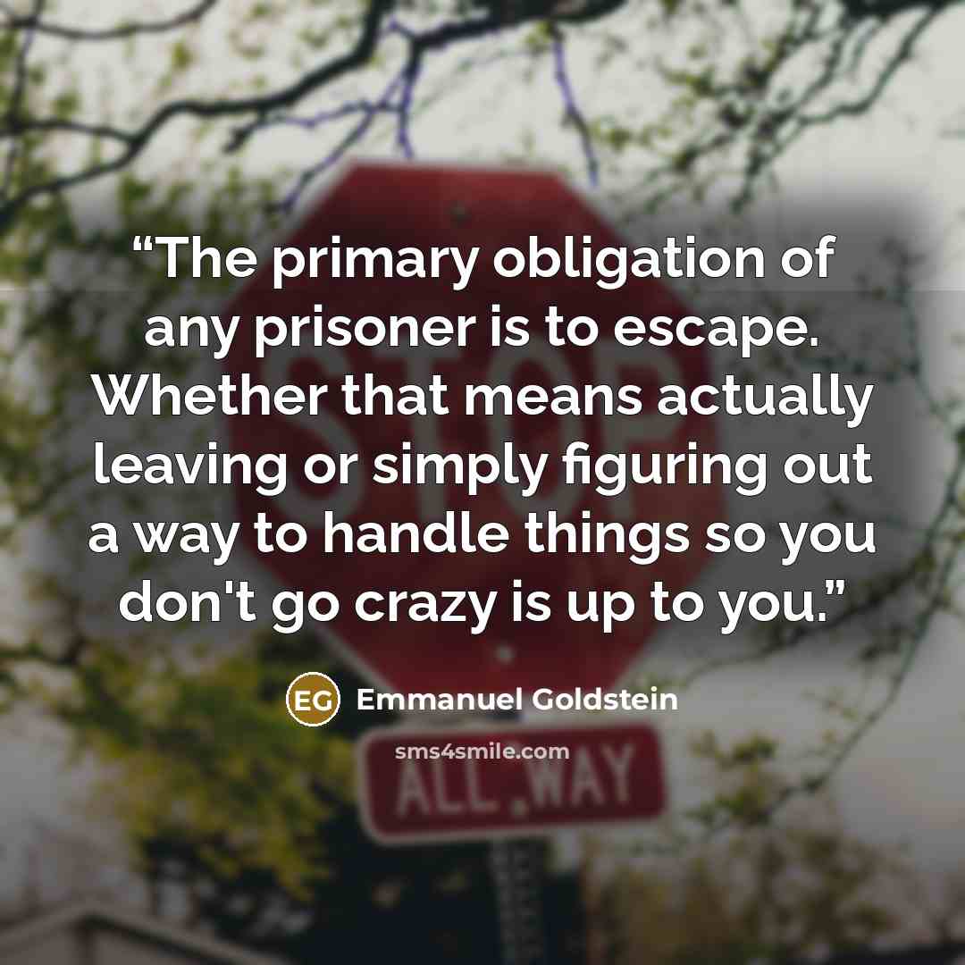 “The primary obligation of any prisoner is to escape. Whether that means actually leaving or simply figuring out a way to handle things so you don't go crazy is up to you.” quote by Emmanuel Goldstein