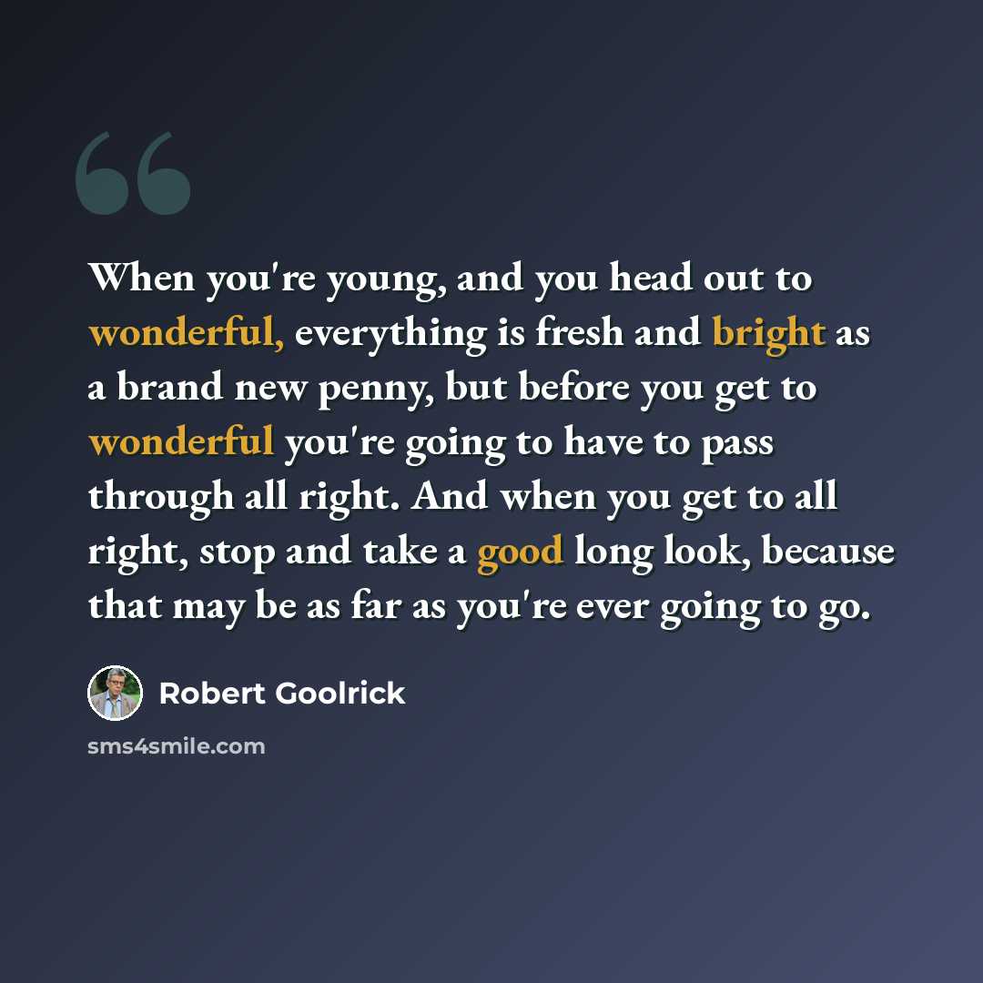 “When you're young, and you head out to wonderful, everything is fresh and bright as a brand new penny, but before you get to wonderful you're going to have to pass through all right. And when you get to all right, stop and take a good long look, because that may be as far as you're ever going to go.” quote by Robert Goolrick
