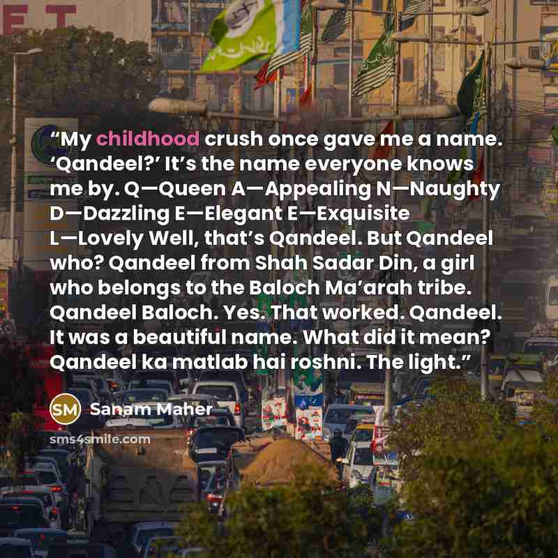 “My childhood crush once gave me a name. ‘Qandeel?’ It’s the name everyone knows me by. Q—Queen A—Appealing N—Naughty D—Dazzling E—Elegant E—Exquisite L—Lovely Well, that’s Qandeel. But Qandeel who? Qandeel from Shah Sadar Din, a girl who belongs to the Baloch Ma’arah tribe. Qandeel Baloch. Yes…” quote by Sanam Maher