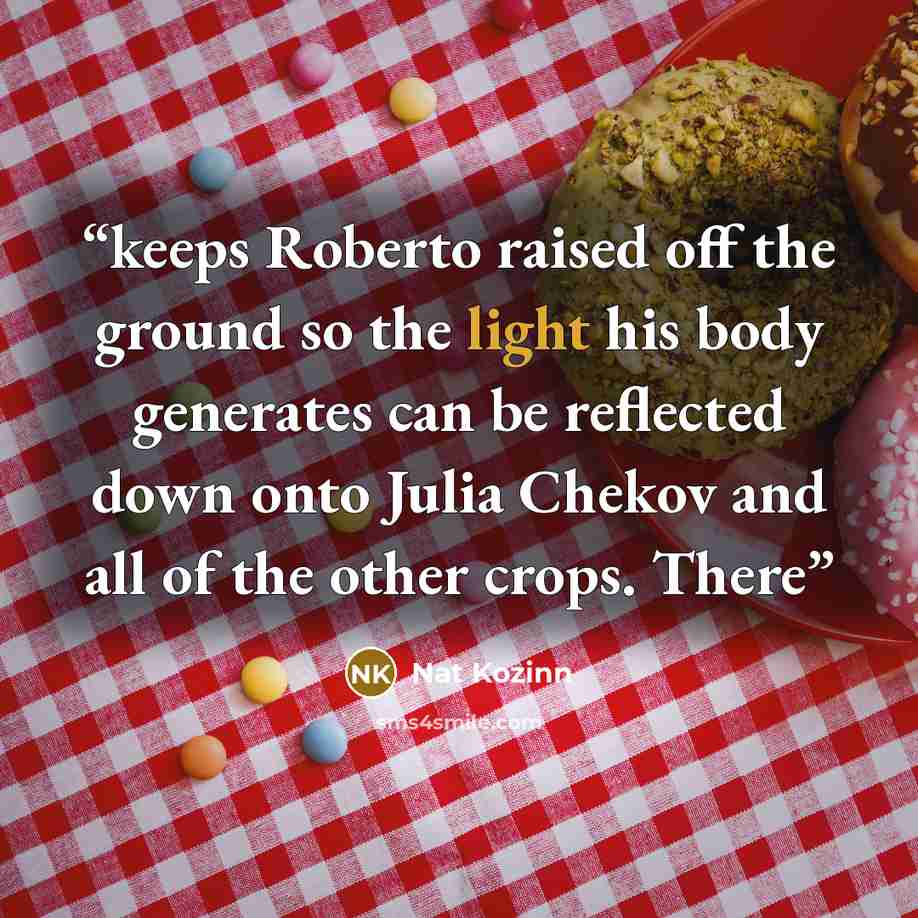 “keeps Roberto raised off the ground so the light his body generates can be reflected down onto Julia Chekov and all of the other crops. There” quote by Nat Kozinn
